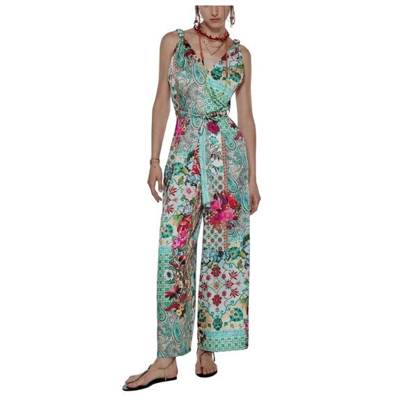 Zara S Womens Satin Patchwork Jumpsuit Floral Paisley Multicolor Belted - Picture 1 of 11